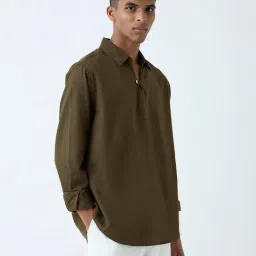 ETA by Westside Olive Solid Relaxed-Fit Cotton-Blend Shirt-image-5