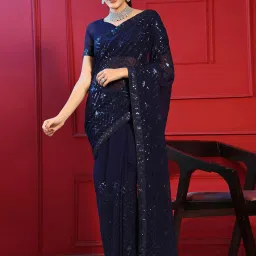 Satrani Blue Embroidered Saree With Unstitched Blouse image 1