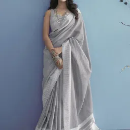 Satrani Grey & White Cotton Woven Saree With Unstitched Blouse image 1