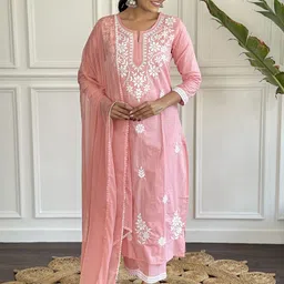 DIVASTRI Floral Embroidered Chikankari Pure Cotton Kurta With Trouser & Dupatta-picture-28