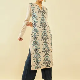 Soch Beige Acrylic Floral Pattern Knitted Winter Straight Kurta with Pocket image 1