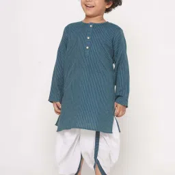 Little Bansi Kids Teal Blue & White Cotton Self Pattern Full Sleeves Kurta Set image 1
