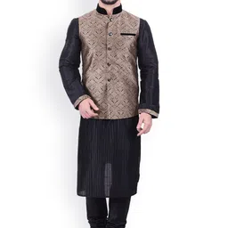 Manu Men Black Self Design Kurta & Churidar with Copper-Toned Nehru Jacket-picture-10