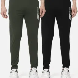 Bullmer Olive & Black Cotton Slim Fit Printed Sports Trackpants- Pack Of 2-image-50