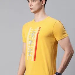 Pierre Carlo Men Mustard Yellow & Blue Typography Printed T-shirt image 3