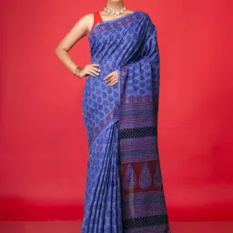 Unnati Silks Blue Cotton Printed Saree With Unstitched Blouse-picture-14