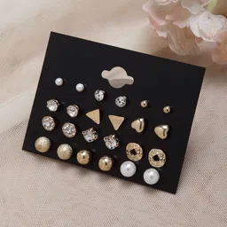 TheVineGirl Set of 12 Golden Heart Triangle Round Pearl Stud Earrings-image-42