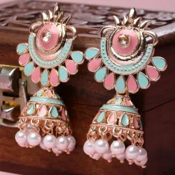 Karatcart Rose Gold-Plated Pink And Light Blue Meena Jhumki Earrings for Women-image-2