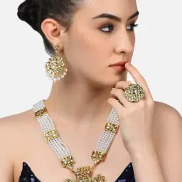 Zaveri Pearls Gold Tone Kundan Long Necklace Earring Maangtikka & Ring Set-ZPFK10780-image-30
