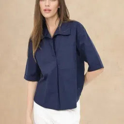 RAREISM Navy Cotton Solid Short Sleeves Shirt-image-66