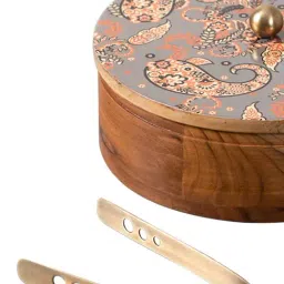 Nestroots Grey Wooden Casserole Box Chapati Box Food Warmer Hotpot Roti Box with Printed lid Tong image 5