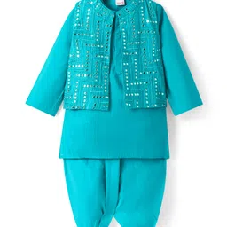 Babyhug Woven Full Sleeves Solid Colour Kurta Dhoti Set with Mirror Work EmbroideryNehru Jacket - Aqua Blue-picture-10