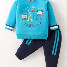 Zero Cotton Knit Full Sleeves Winter Wear Sweatshirt & Joggers Set with Animal Print -Turquoise & Navy-picture-31