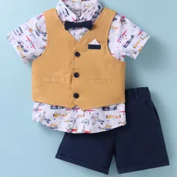 ToffyHouse Cotton Knit Half Sleeves Airplane Printed 3 Piece Party Suit With Bow - Mustard White & Navy Blue-picture-24