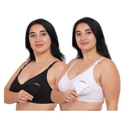 Fabme Pack Of 2 Cotton Sleeveless Solid Nursing Bras - White & Black-picture-23