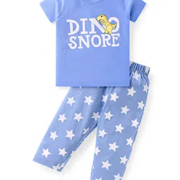 Babyhug Cotton Knit Half Sleeves Night Suit with Dino & Star Print - Light Blue-picture-28