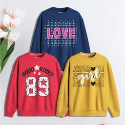 3PIN Cotton Terry Pack Of 3 Full Sleeves Love Text & Hearts Printed Sweatshirts - Multi Colour-picture-17