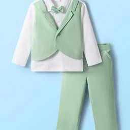 Babyhug Knit Full Sleeves Solid Polo Party T-Shirt & Trouser Set With Bow Applique & Attached Waistcoat - Mint Green & White-picture-14
