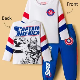 Honeyhap Marvel Single Jersey Knit Full Sleeves T-Shirt and Trackpants with Front and Back Captain America Graphics - Blue & White-image-44