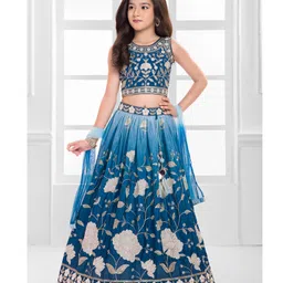 Ministitch Cotton Silk Woven Sleeveless Floral Embroidered & Sequins Embellished Lehenga Choli With Dupatta Set - Blue-picture-28
