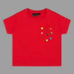 Actuel Cotton Knit Half Sleeves Button Designed Top - Red-picture-18