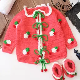 Woonie Hand Knitted Floral Applique Detailed Sweater With Booties Set - Pink-picture-17