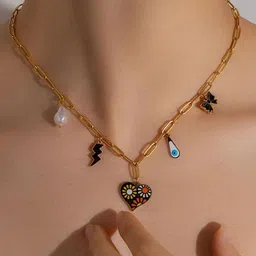 VIEN Gold-Plated Artificial Stone Studded & Beaded Stainless Steel Statement Necklace-image-12