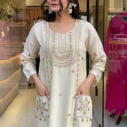 KALINI Women Ethnic Motifs Embroidered Regular Thread Work Kurta with Palazzos & With Dupatta image 3