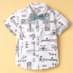 ToffyHouse Poplin Woven Half Sleeves Shirt & Short With Bow Suspender & Airplane Print - Teal Blue & White image 2