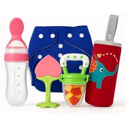 Joy Buzz Reusable Cloth Diaper / Nappies With Insert, Fruit Nibbler, Spoon Food/milk Feeder, Silicone Fruit Shape Teether & Silicone Cleaning Brush Feeding Bottle for Babies, Feeding Combo-pack of 5 image 2