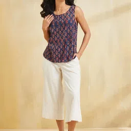 Fabindia Women Floral Printed Round Neck Sleeveless Cotton Top image 2