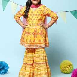 BIBA Girls Kids Yellow Cotton Printed Kurta Set image 1