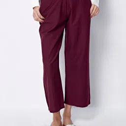Cover Story Wine Linen Regular Fit High Rise Trousers image 1