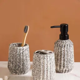 Nestasia Speckled Pattern Ribbed Design Ceramic Bathroom Accessories Set of 3 Stone-Grey image 1