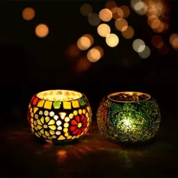 eCraftIndia Set of 2 Mosiac Glass Decorative Tea Light Holder/Diya-image-28