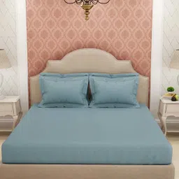 Spaces Light Blue Cotton 600 TC King Bed Sheet With Pillow Covers image 1