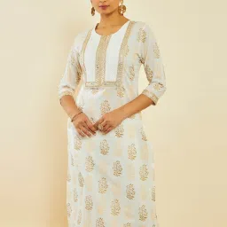 Soch Off White Cotton Floral Foil Print Kurta with Gota Patti Details image 1
