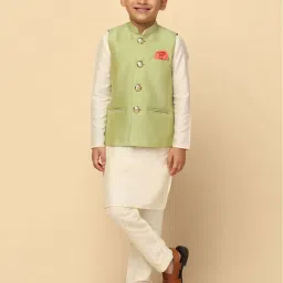 KISAH Kids Green & White Self Pattern Full Sleeves Kurta Set image 1