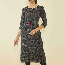 Soch Black Rayon Geometric Print Kurta with Tasselled Neck Tie-Up image 1