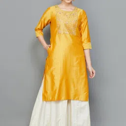 Melange by Lifestyle Yellow Embroidered Straight Kurta image 1