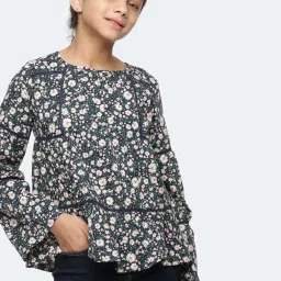 Peter England Kids Blue & White Cotton Floral Print Full Sleeves Kurta image 1