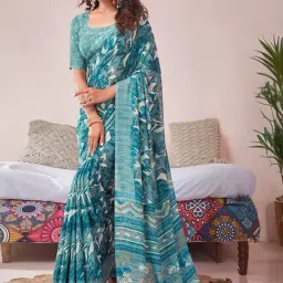Satrani Turquoise Printed Saree With Unstitched Blouse-image-12