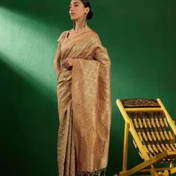 DEVATITHI Woven Design Zari Beige Banarasi Silk Saree-image-20