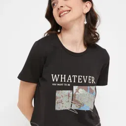 MADAME Black Graphic Print Crop T-Shirt-image-77