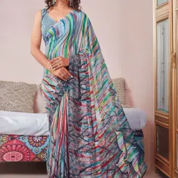 Satrani Grey Printed Saree With Unstitched Blouse-image-8
