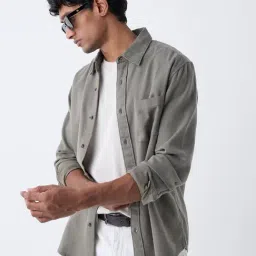WES Casuals by Westside Olive Solid Relaxed-Fit Cotton Shirt-image-4