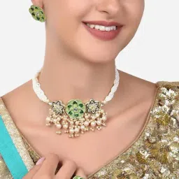 Zaveri Pearls Green Meenakari Flowers Kundan Choker Necklace Earring & Ring Set-ZPFK14432-picture-34