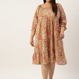 theRebelinme Plus Size Floral Print Puff Sleeves Sweetheart Neck Pure Cotton Midi Dress-picture-47