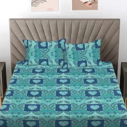FABINALIV Turquoise Ethnic 300 Tc 100% Cotton King Size Double Bedsheet With 2 Pillow Covers-picture-27