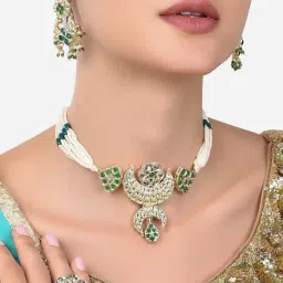 Zaveri Pearls Green Kundan & Pearls Choker Necklace Earring & Ring Set-ZPFK14434-picture-37